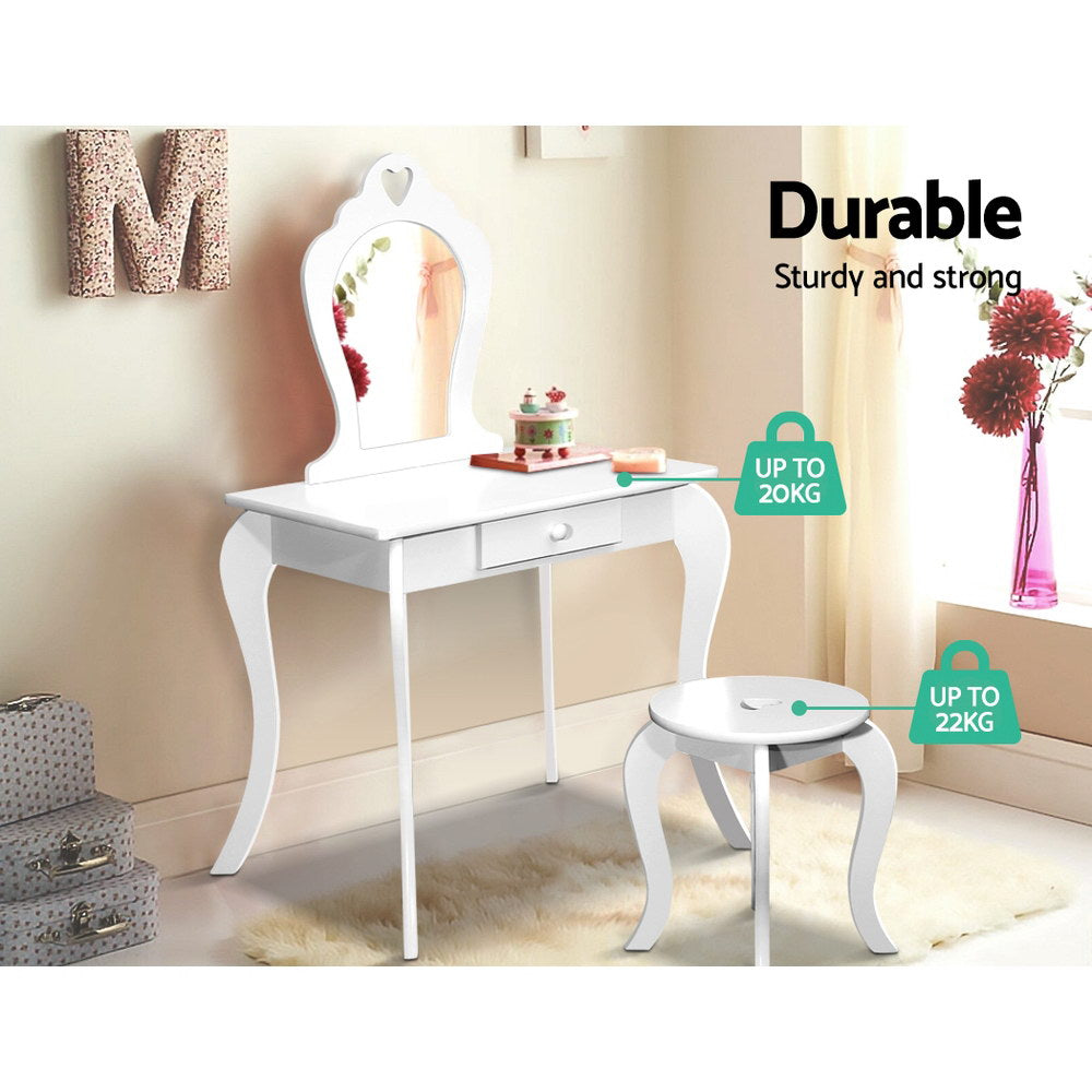 Keezi White Kids Vanity Dressing Table Stool Set featuring a faux mirror, heart-shaped motif, and functional drawer, perfect for little girls.